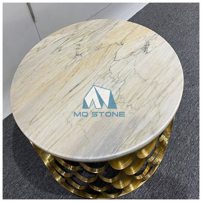 Natural Marble Round Side Table With Brass Base