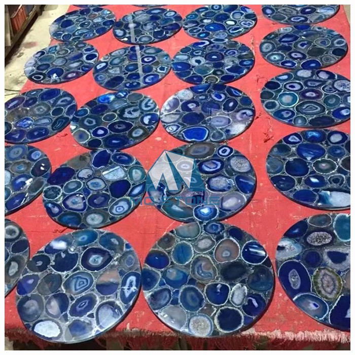 semi precious round blue agate stone table top