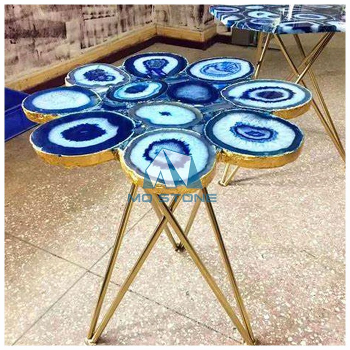 Blue Agate Inlay Table Top with Brass Frame