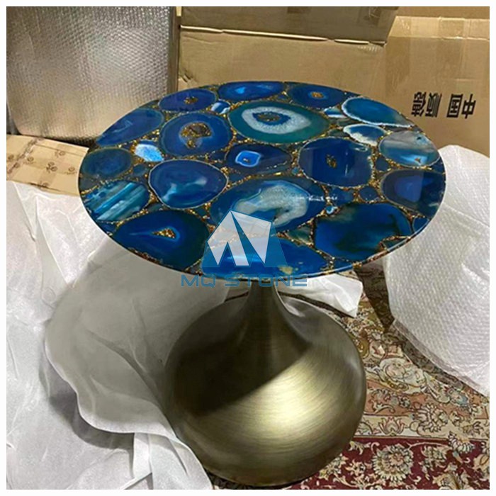 Blue Agate Round Table With Brass Base